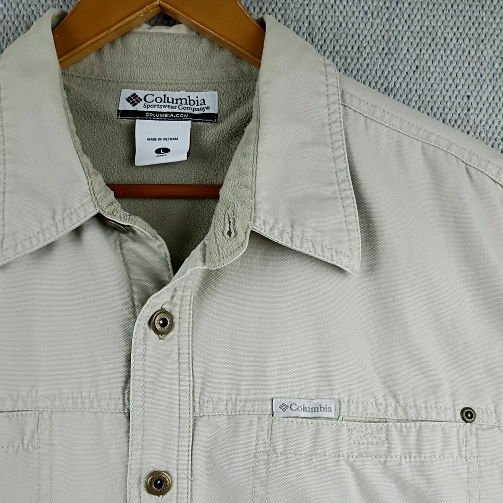 Columbia Shooting Shirt Mens Large Tan Fleece Lined Y2K AM7990 Canvas Cotton